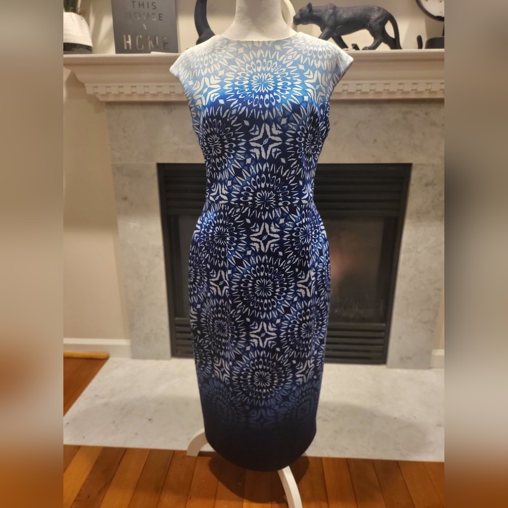 Maggy London Blue & White Patterned Sleeveless Sheath Dress